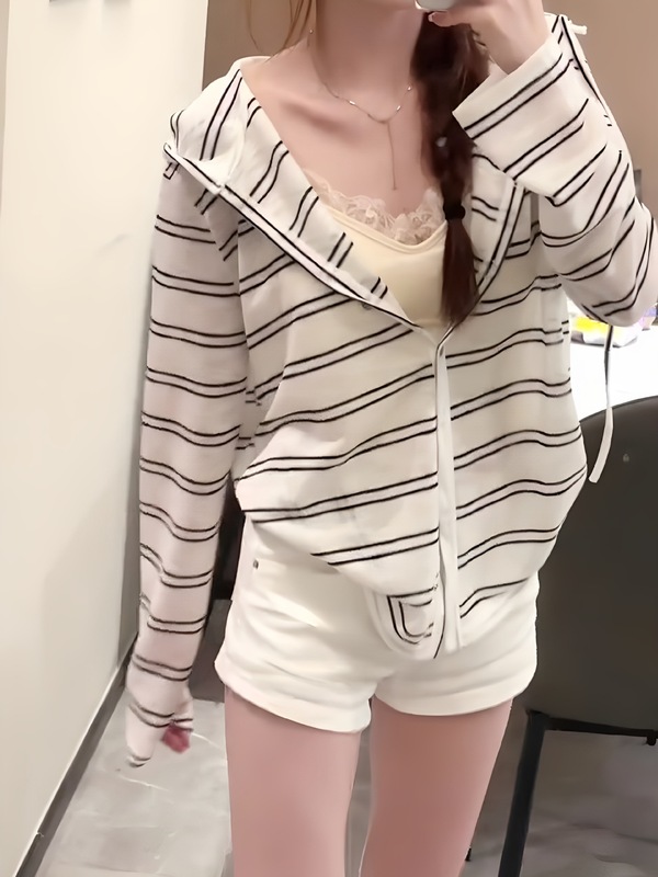 早秋薄纱松弛感条纹连帽长袖外套开衫女宽松外搭薄款防晒罩衫上衣|undefined