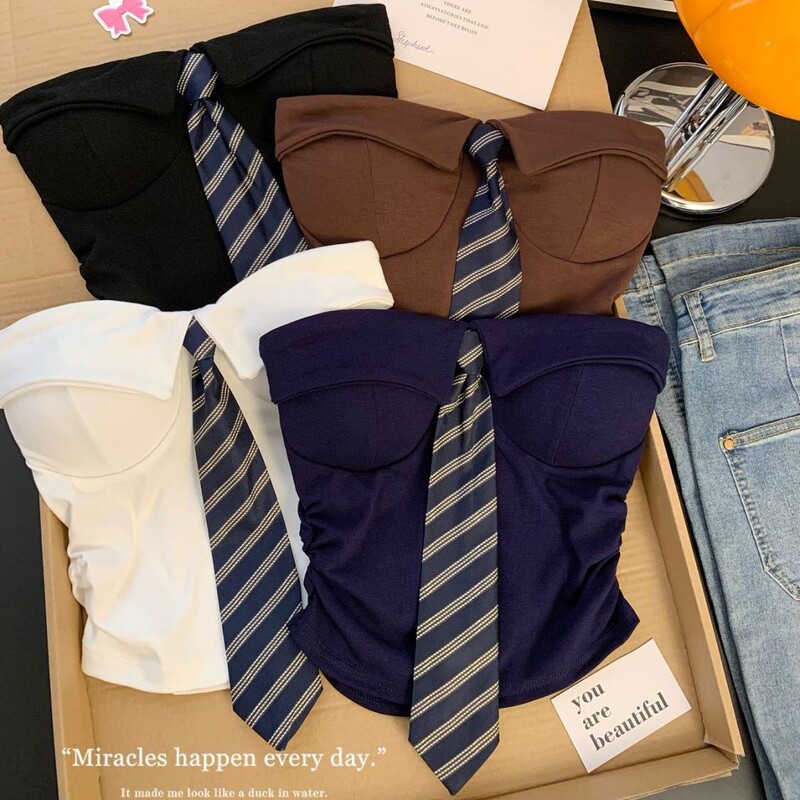 Trendy Spicy Girl Academy Style Tie-Back Tube Top with Chest Pads, Beautiful Back, Side Ruching, Waist-Cinching, Slimming, Age-Reducing Top