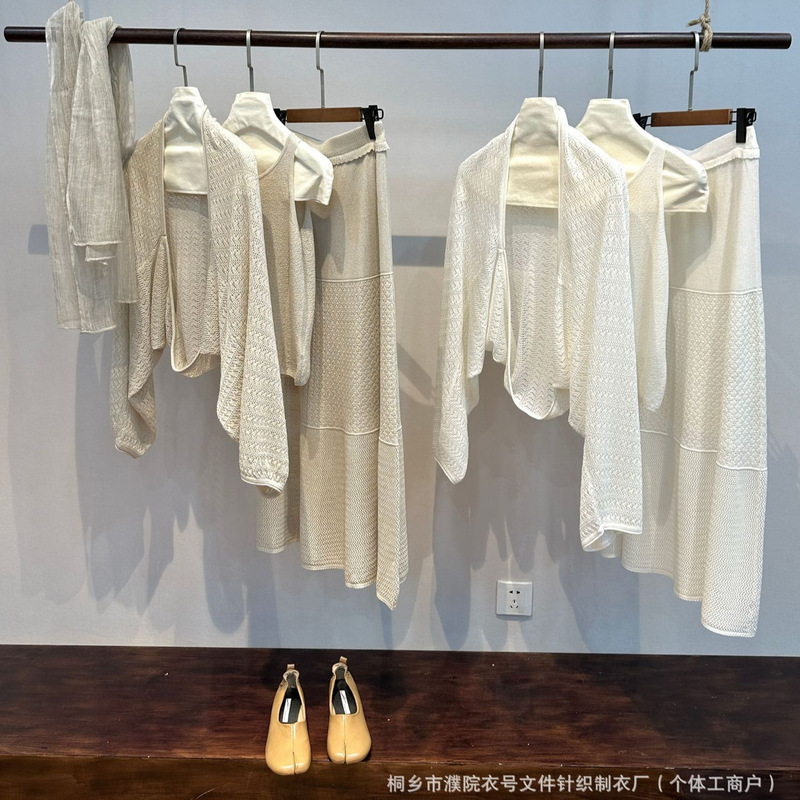 Three-Piece Set of Lyocell, Linen, and Acetate Knitwear with a Vintage Artistic Style for Early Spring: Cardigan, Skirt, and Cover-Up