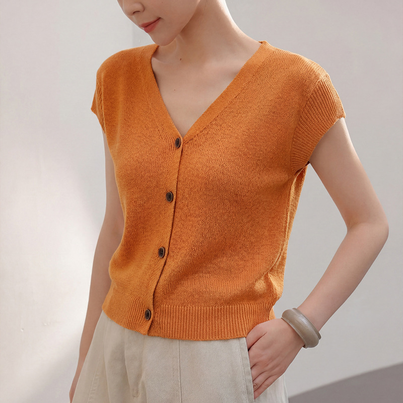 Ice Silk V-Neck Short-Sleeve Knit Cardigan for Women, Thin Button-Up T-Shirt, Slimming Top, Simple Cool Fashion Flutter-Sleeve T-Shirt