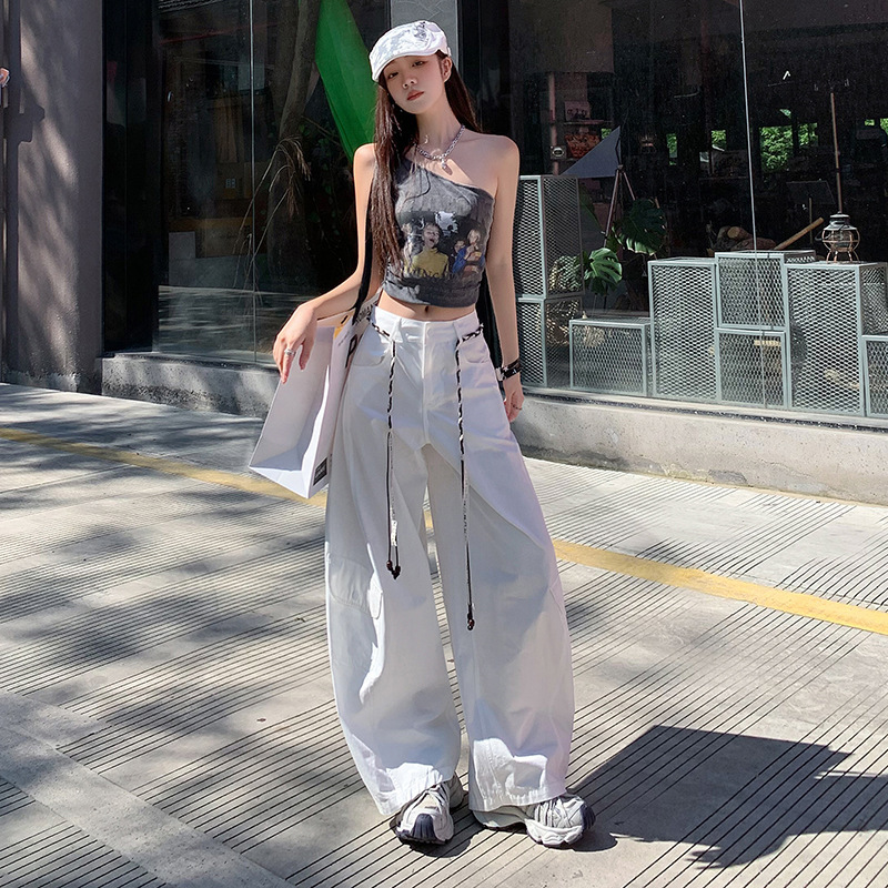 军绿色美式街头宽松阔腿裤女秋季慵懒风工装裤高腰休闲弯刀运动裤|undefined