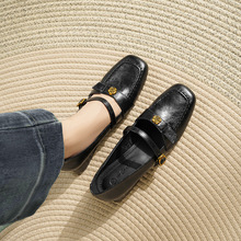 软皮复古法式单鞋女粗跟一字扣带玛丽珍鞋通勤单鞋山茶花黑色工鞋