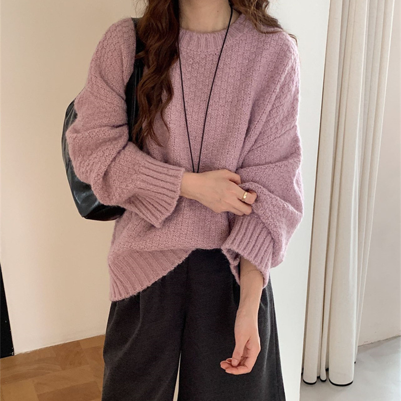 毛衣女秋冬新款菠萝针宽松慵懒风软糯纯色显瘦百搭套头针织衫上衣|undefined