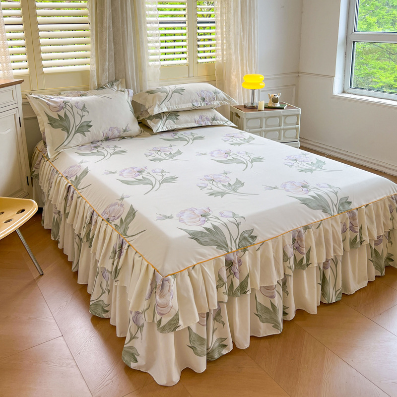 Falda de cama coreana Falda de cama de algodón de imitación agradable para la piel Funda de cama individual para dos piezas de tres piezas Funda de cama de encaje de doble capa de tres piezas image 19