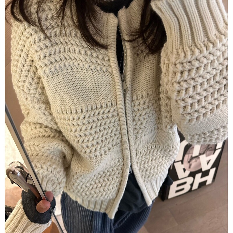 Vintage Heavy Craft Pineapple Stitch Chunky Knit Sweater Cardigan for Women, Loose Thickened Warm Zipper Knit Cardigan for Autumn and Winter