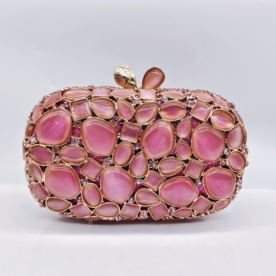Túi clutch nữ cầm tay dạ tiệc đính đá mắt mèo kim loại rỗng phong cách Âu Mỹ — Màu hồng, màu đỏ tía, Cá tính đặt làm chi tiết 7