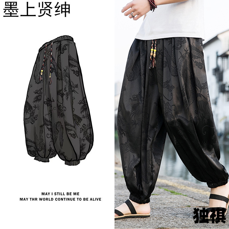 2023 pantalones casuales de verano para hombres, pantalones de seda de hielo, pantalones cortos de flores oscuras con patrón de dragón, bombachos sueltos, pantalones de playa, pantalones anchos