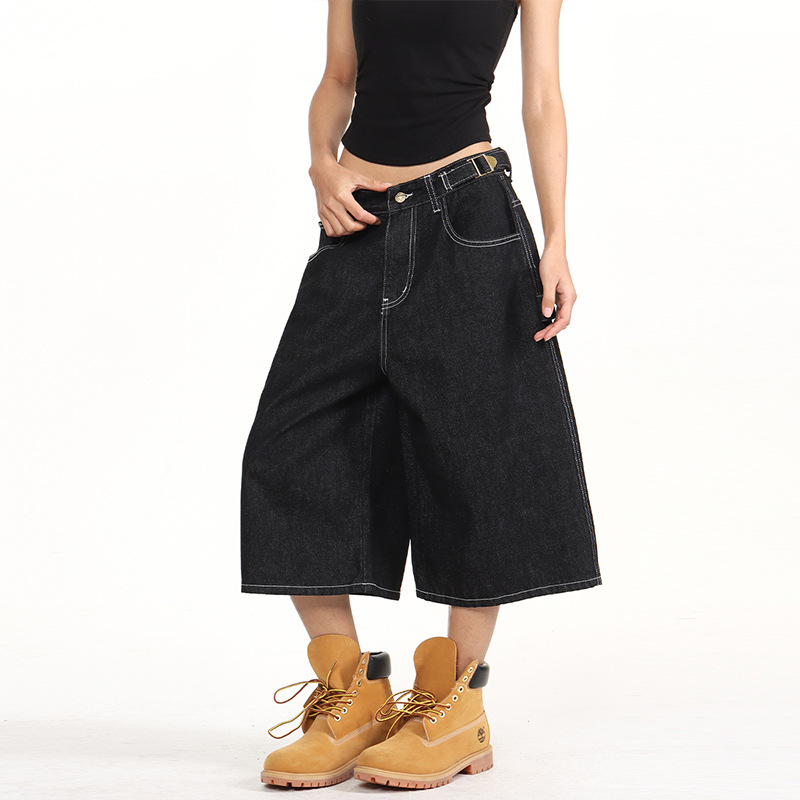 Men's American Vintage Adjustable Waist Cargo Capri Pants Unisex Baggy Denim Short Casual Streetwear Pants_viptrois.com