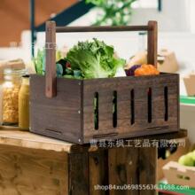 木质蔬菜瓜果收纳篮复古乡村风格户外采摘园收纳筐实木手提食篮