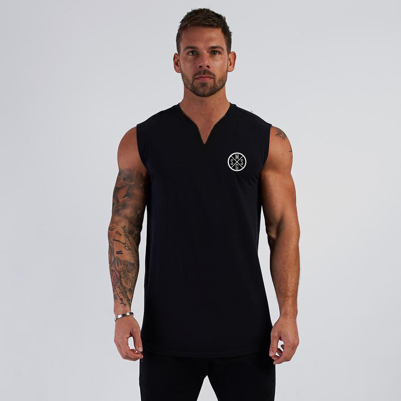 Moda europea y americana pequeño cuello en V chaleco deportivo hombres verano culturismo fitness camiseta sin mangas correr entrenamiento apretado superior algodón image 9