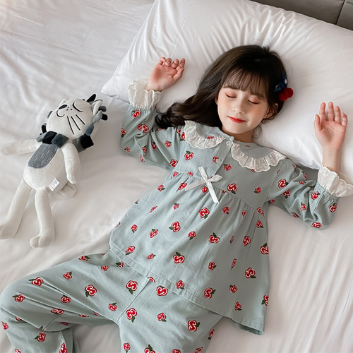 Children's Long Sleeve Sleepwear Girls' Cotton Home Wear Set Autumn Medium and Large Children's Little Girl Spring and Autumn Cartoon Air Conditioning Suit 
