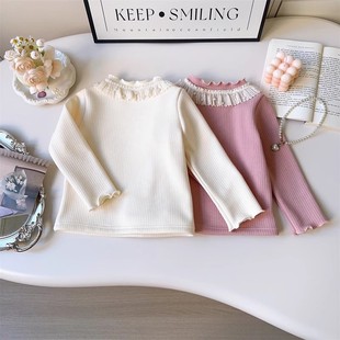 2024 Girls Lace Base Shirt Winter New Baby Girl fleece-lined Princess Ear Collar Long-sleeved T-shirt Top Trendy