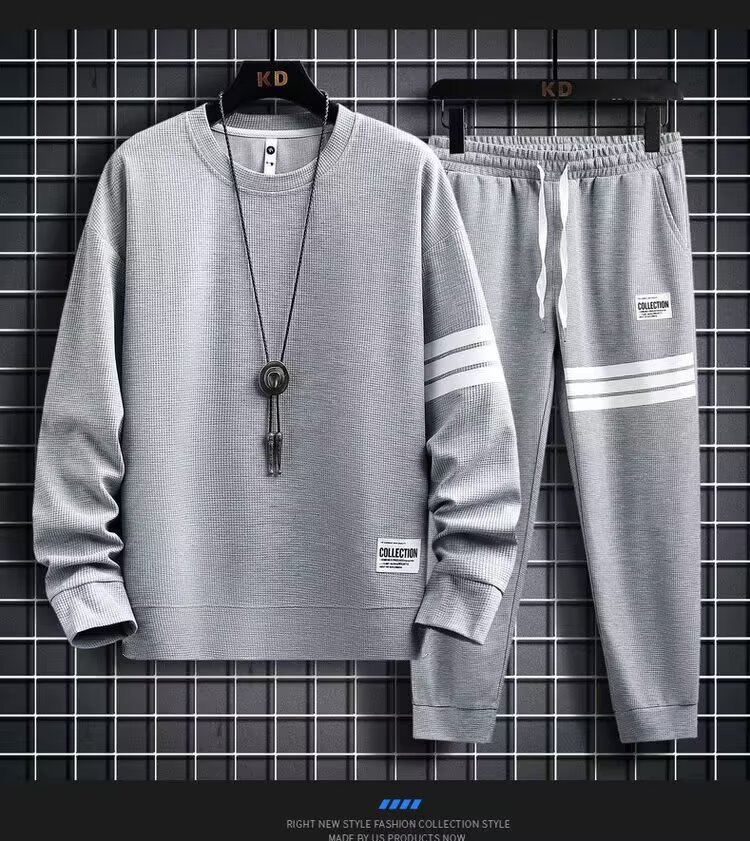 Camisas menos ropa hombre juego deportivo casual otoño nuevo mosaico de rayas dos piezas juego camiseta de cuello redondo abrigo suelto