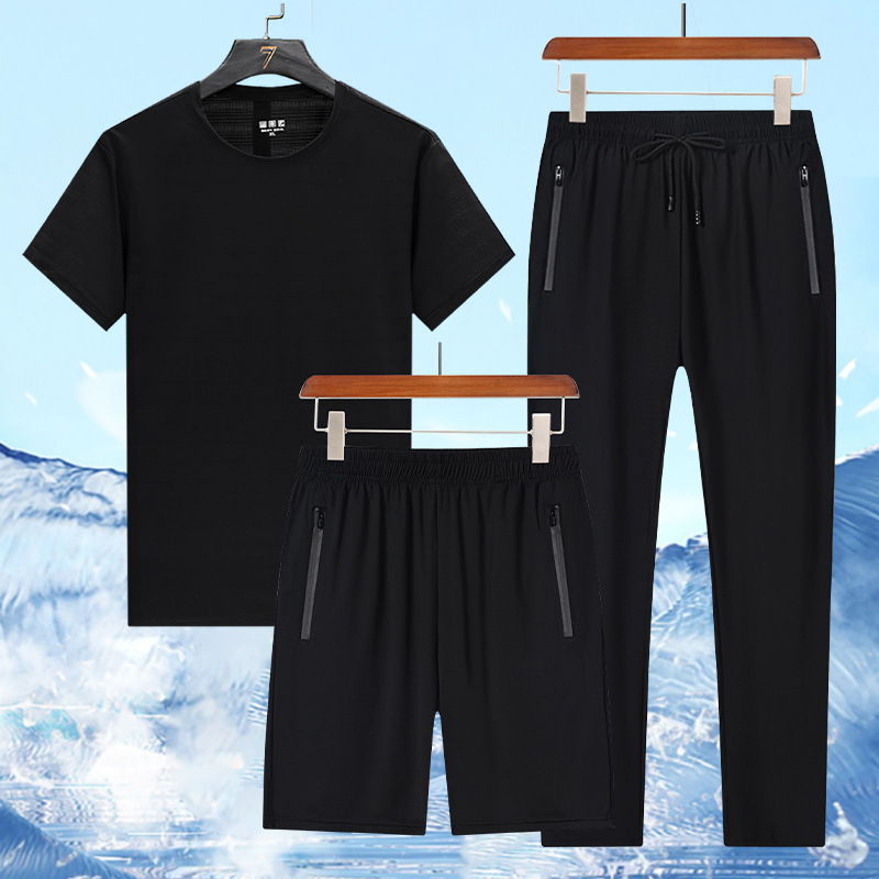 Trajes deportivos de verano transfronterizos de seda de hielo para hombres, camisetas de manga corta, pantalones cortos de tres piezas casuales para hombres