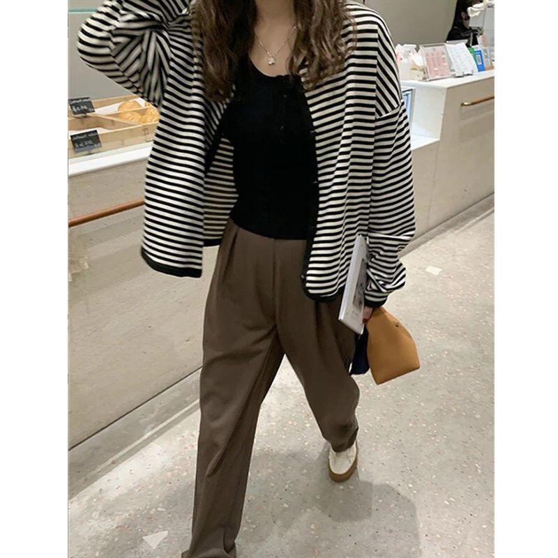 2025复古慵懒风黑白条纹针织开衫女新款宽松毛衣外套上衣春秋女装|undefined