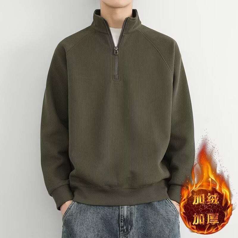 Half Zipper Vertical Collar Sweater Men's Winter fleece-lined Thickened Warm Loose Casual T-shirt Men's Base Shirt Jacket