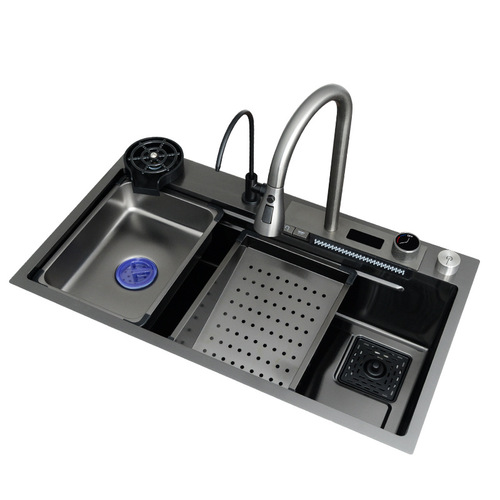 Digital display flying rain waterfall sink kitchen 304 stainless steel vegetable washing basin internet celebrity integrated large single bowl dishwashing pool nanometer 