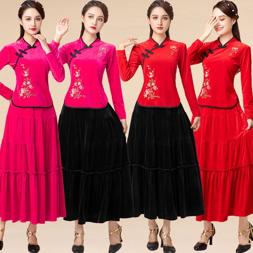 Square dance clothing new set  autumn winter velvet dance performance dress for women fan dance dancing clothes