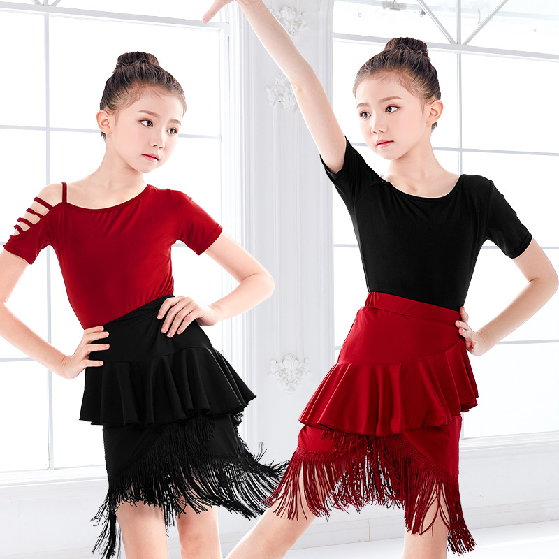 Falda de baile latino para niños falda de práctica de baile borla de manga corta para Niñas Ropa de práctica de clasificación profesional ropa de rendimiento al por mayor