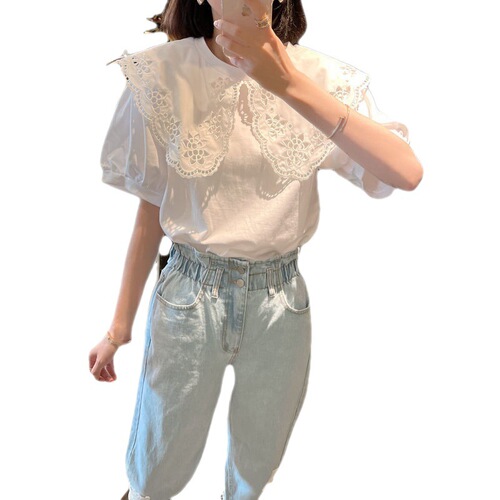 Summer 2025 South Korea Dongda Embroidered Lotus Flower Baby Collar Ins Style Fashion Short Sleeve Blouse