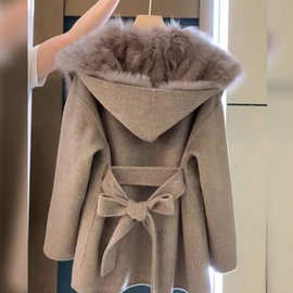 感超好看女装小香风呢子大衣加绒加厚咖色斗篷毛呢外套秋冬款