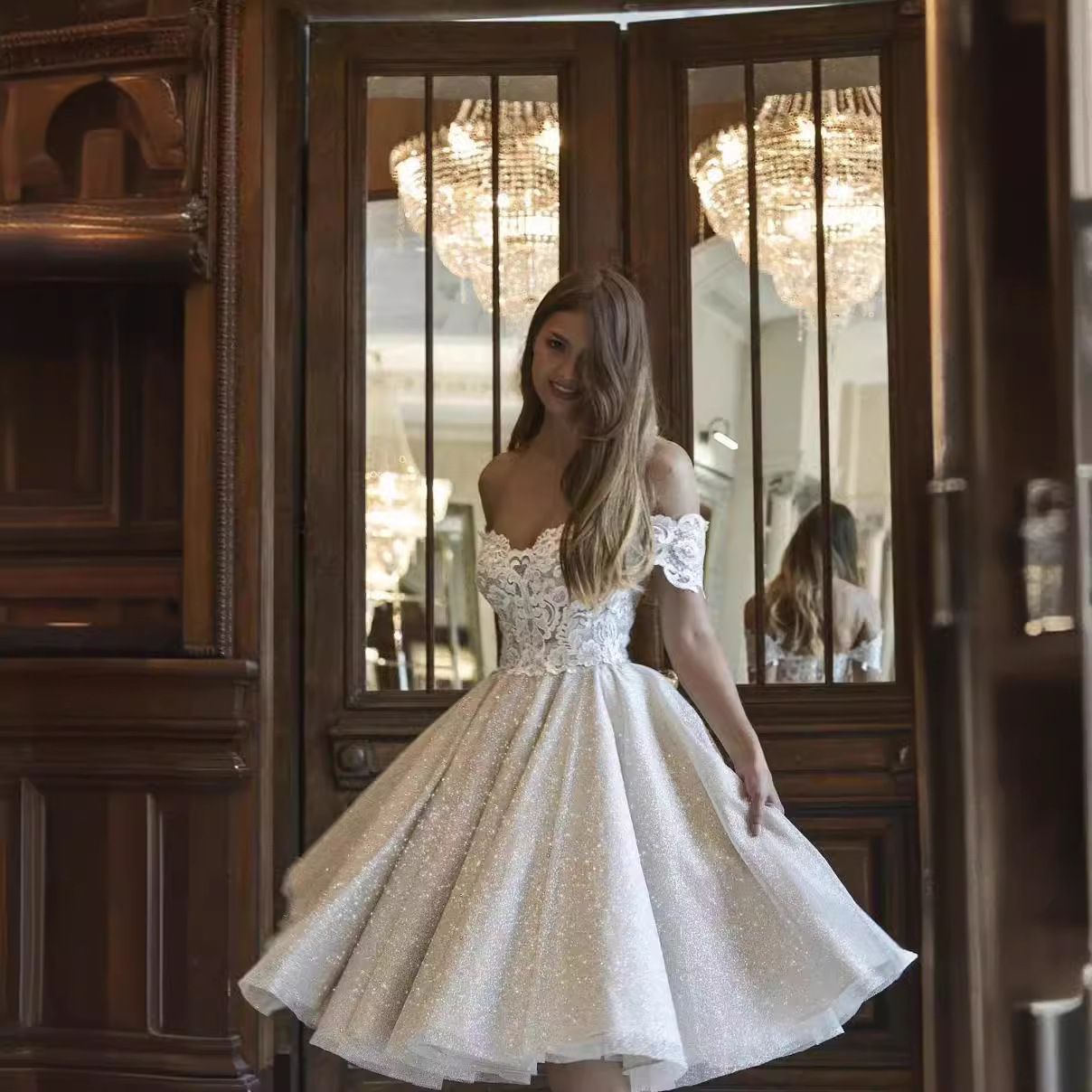 New One-Shoulder Dress, Lace Sequin Mid-Length Dress, Birthday Party Ball, Light Wedding Dress, High-End