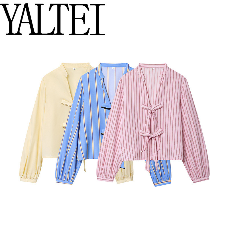 YALTEI跨境速卖通ins欧美外贸 蝴蝶结饰条纹府绸衬长袖衫 1971160|undefined