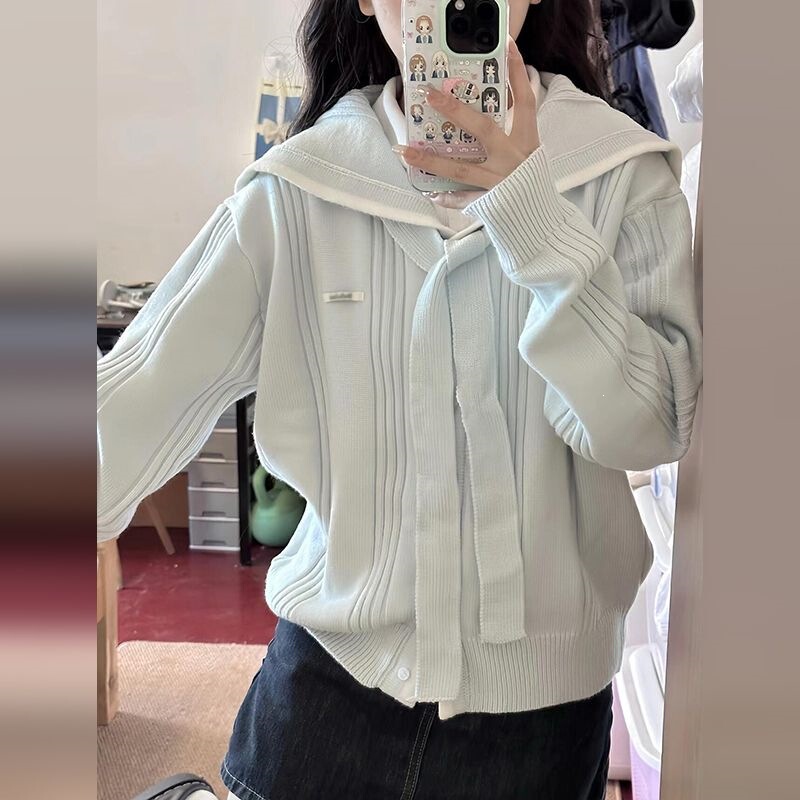 Navy Collar College Style Blue Knitted Cardigan for Women, Spring and Autumn 2026 New Korean Style Casual Top for Petite Women Navy Collar College Style Blue Knitted Cardigan for Women, Spring and Autumn 2026 New Korean Style Casual Top for Petite Women