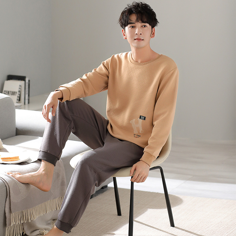 Pijamas de algodón de aire para hombres otoño y invierno engrosados manga larga primavera y otoño intercalado coreano nuevo conjunto de ropa de hogar caliente