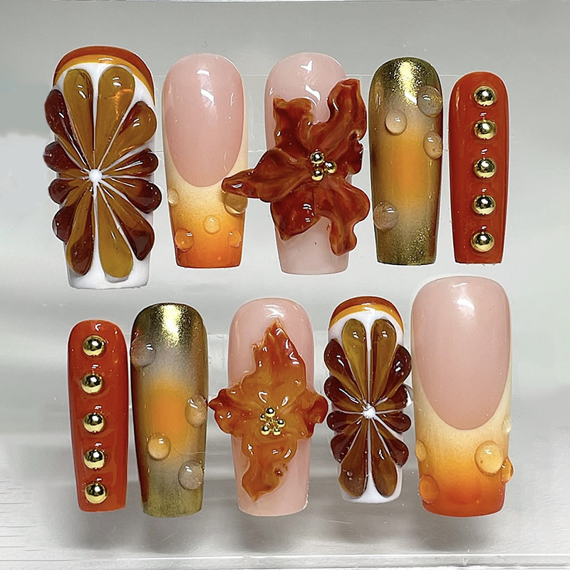 Purely Handmade Wearable Nails, Foreign Trade Cross-Border Nails, Coffin Nails, Hand-Painted Stereo Nail Art, New Brown Flower Manicure