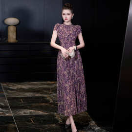 法式2026春夏季新款女装立领短袖腰果印花下摆压褶收腰气质长裙女