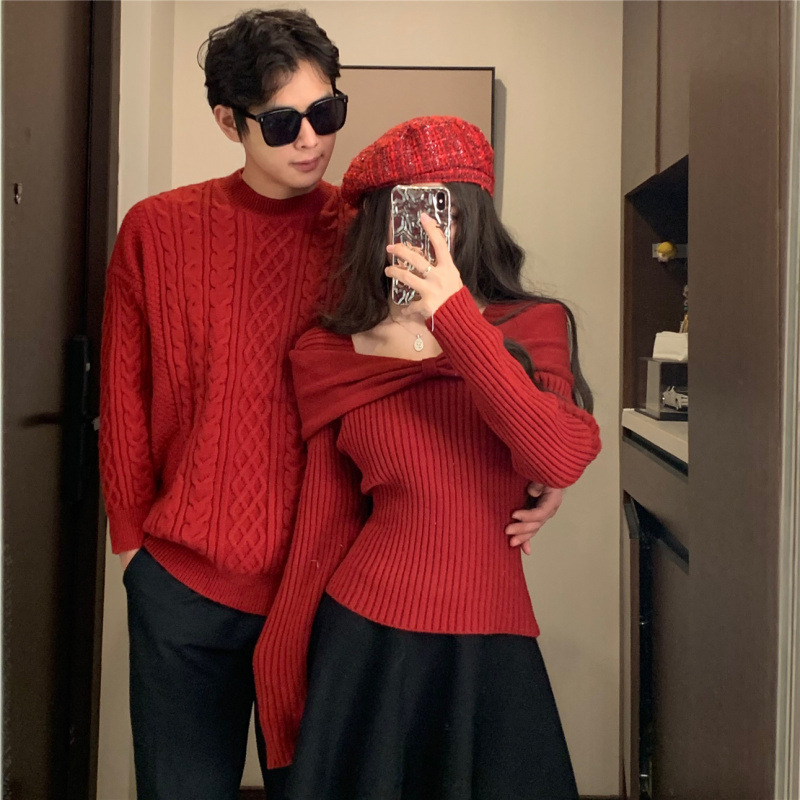 2024 년 가을 · 겨울 신년 커플 원피스 남녀 레드스웨터 올해 생활면허 약혼 1 원피스 1 원피스 세트