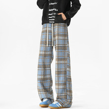 2025秋美式复古毛呢格子裤男呢料阔腿拖地裤