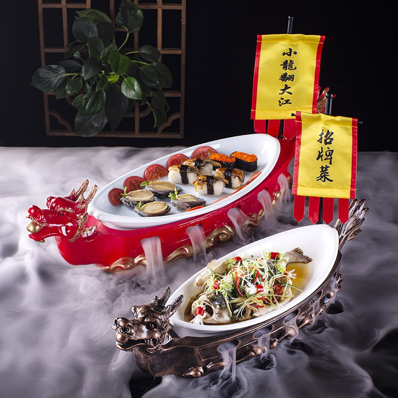 Extra Large Dragon Boat Shaped Tableware Salmon Sushi Sashimi Plate Can Hold Dry Ice Smoke Tableware Special Plate