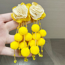 小清新山茶花串珠黄色绒球流苏耳钉精致绝美简约设计百搭气质耳坠