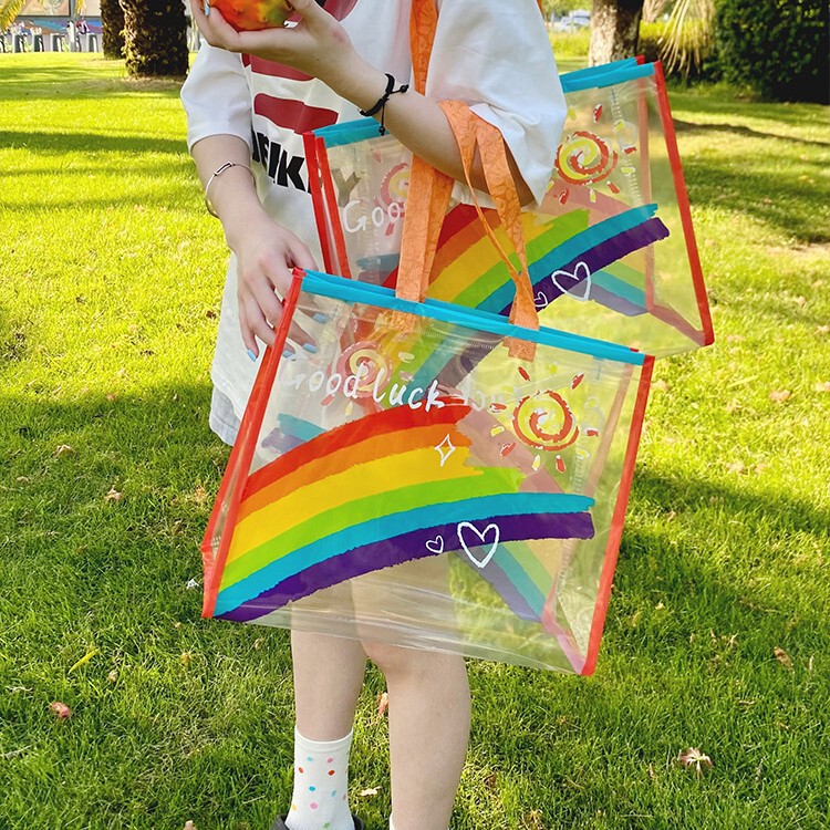 Pvc Bag Customized Clothing Store Rainbow Transparent Handbag Children's Clothing Packaging Bag Souvenir Gift Pattern Logo