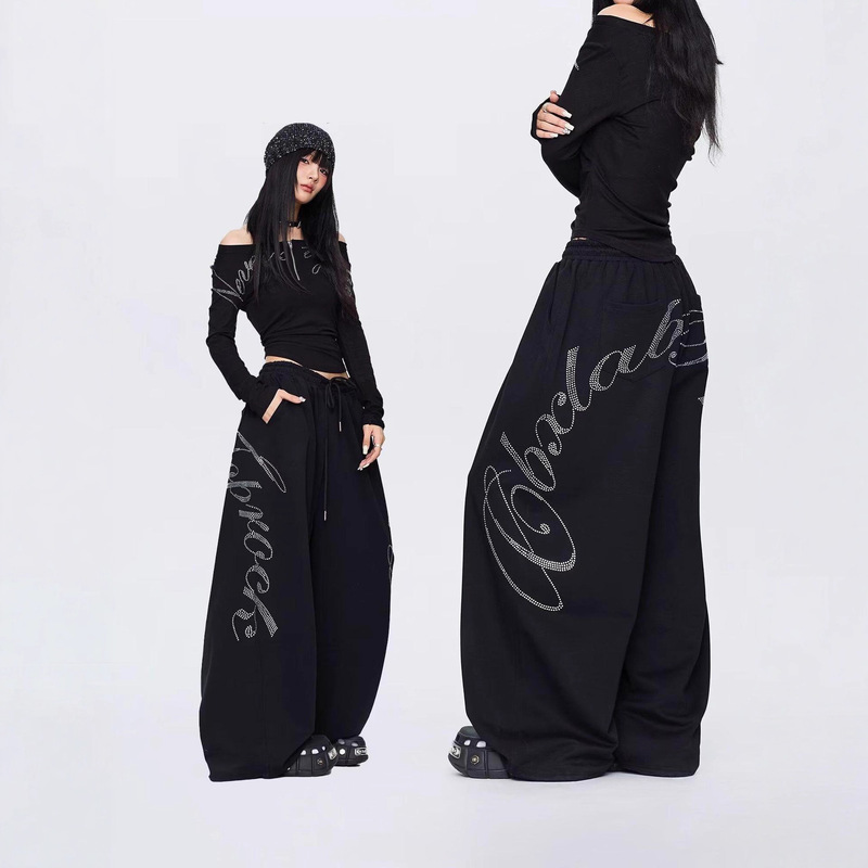Vintage Hip-Hop Rhinestone Black Hip-Hop Casual Sweatpants for Women Winter Design Jazz Dance Scimitar Pants