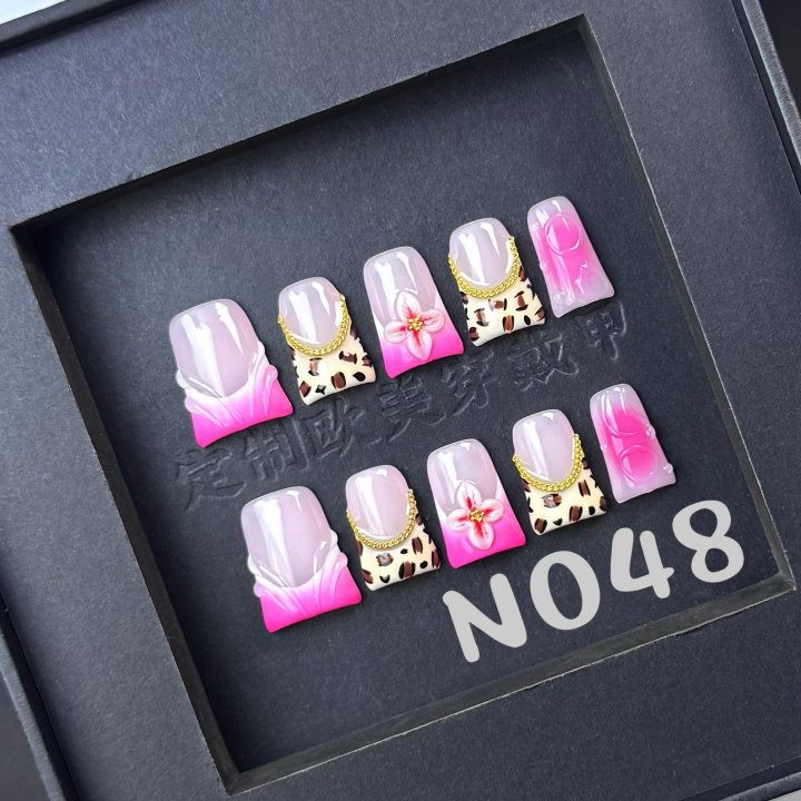 欧美跨境纯手工穿戴甲粉豹纹铆钉金属链立体花金色朋克风鸭嘴甲片