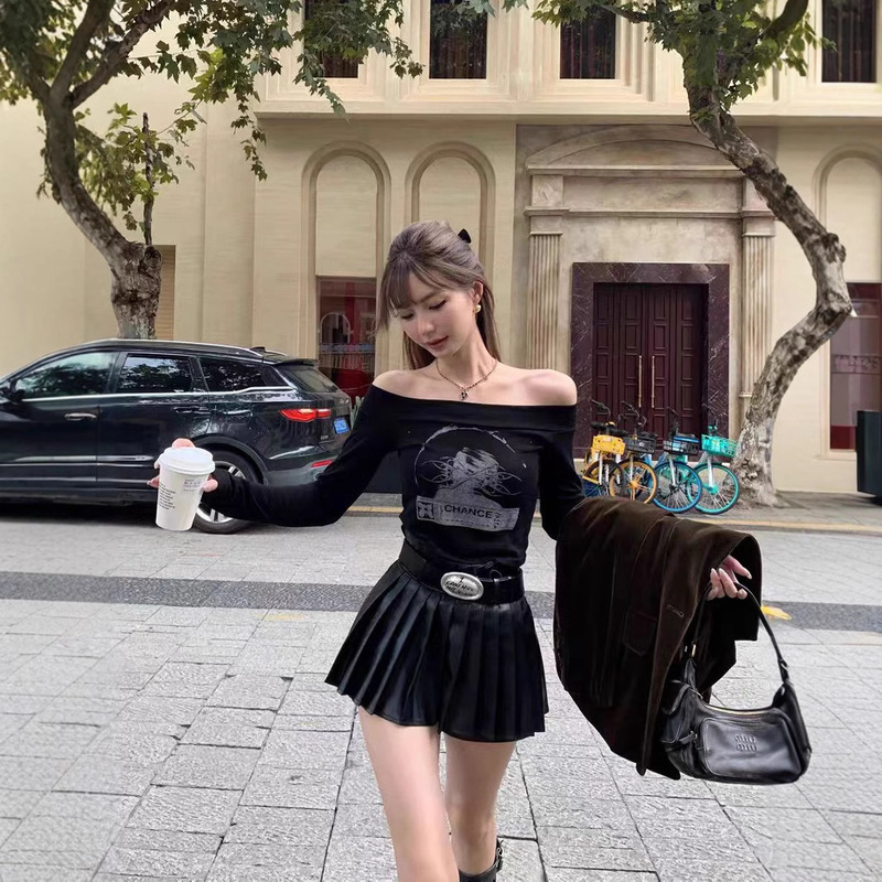 1*1 threaded velvet off-shoulder inner women's autumn short slim long sleeve t-shirt open shoulder bottoming shirt top ins