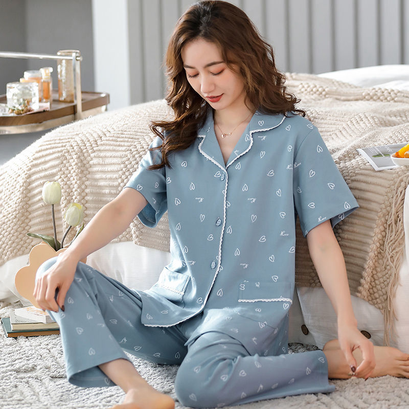 Pijamas de algodón de mediana edad y ancianos pantalones de manga corta para mujer cardigan de talla grande delgada solapa de dos piezas ropa para el hogar