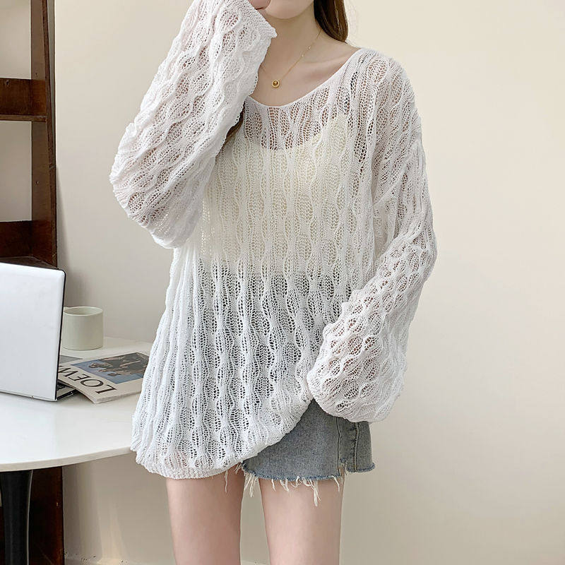2026 New Spring and Summer Korean Style Thin Loose Lazy Style Hollow-Out Knit Sweater Women's Casual V-Neck Top Cover-Up Trendy 2026 New Spring and Summer Korean Style Thin Loose Lazy Style Hollow-Out Knit Sweater Women's Casual V-Neck Top Cover-Up Trendy