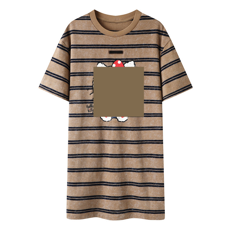 现货2025秋新款卡通猫字母印花条纹短袖T恤连衣裙71101077