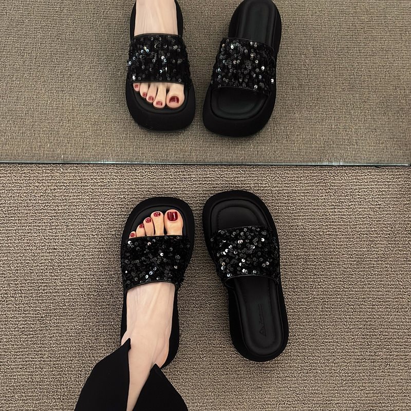 Zapatillas de muffin de diafragma sensitivas de verano para mujeres, una palabra para damas, sandalias de suela gruesa, zapatillas de medio frío, nuevo negro image 3