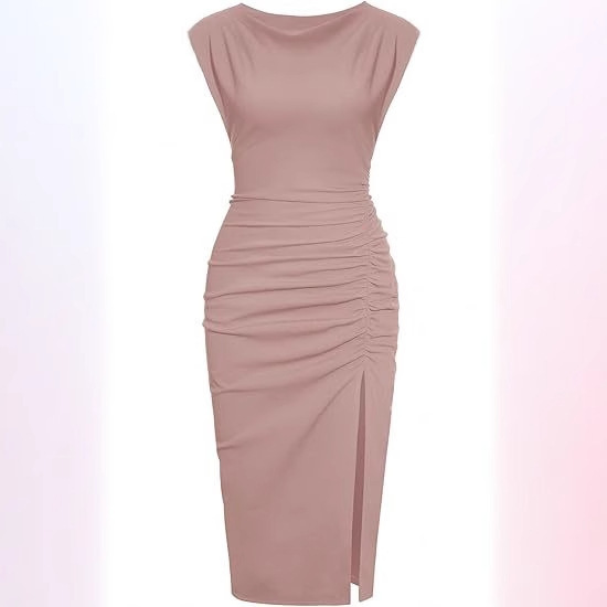 2024 Women's Collar Side Slit Pleated Tight Cocktail Wedding Guest Mid-length dress 2024 Women's Collar Side Slit Pleated Tight Cocktail Wedding Guest Mid-length dress