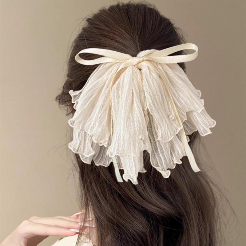 女性用フレンチメッシュリボンパールクリップ、後頭部にハイエンドのポニーテールヘアクリップ、半分結ばれた髪のシャーククリップヘッドバンド|undefined