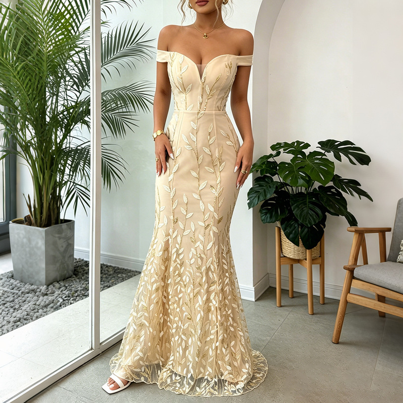 Cross-border women's champagne-colored off-shoulder embroidered gown, mesh slim-fit mermaid bridesmaid evening dress in stock Cross-border women's champagne-colored off-shoulder embroidered gown, mesh slim-fit mermaid bridesmaid evening dress in stock