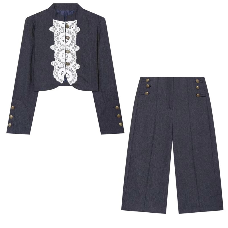 Foreign Trade Women's Clothing 2026Qj Autumn New Style French Lace Patchwork Short Jacket + Long Casual Short Jacket with Button Decoration Foreign Trade Women's Clothing 2026Qj Autumn New Style French Lace Patchwork Short Jacket + Long Casual Short Jacket with Button Decoration