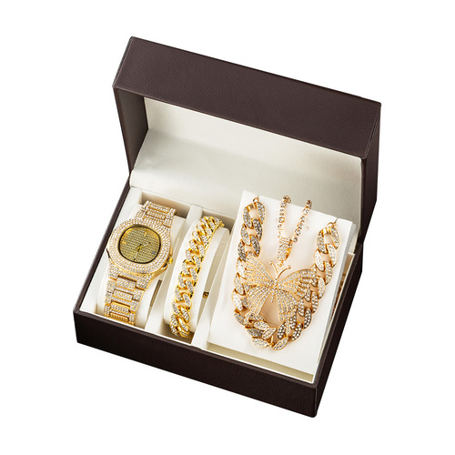 3-piece watch women's accessories set gift box European and American exaggerated Cuban chain butterfly necklace jewelry full diamond watch
