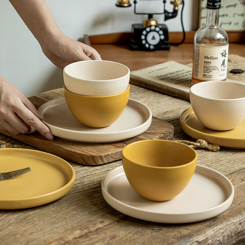 Vajilla de la serie Ike, cuencos de cerámica especiales retro, cuencos de arroz esmaltados de sésamo para el hogar, platos a juego, exportación transfronteriza