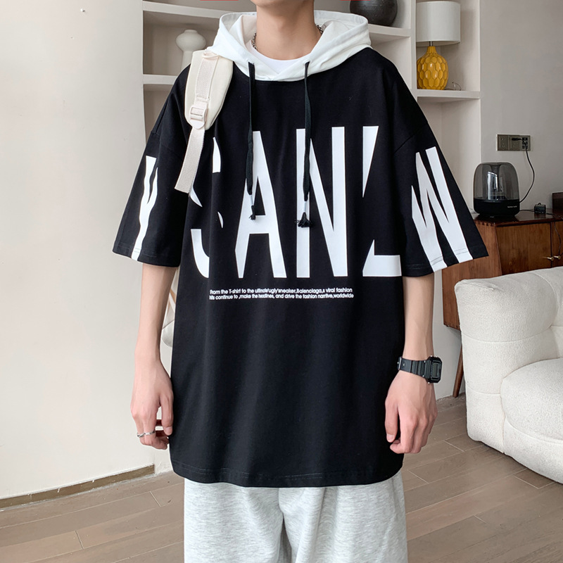 Camiseta de manga corta encapuchada de moda masculina de verano suelta ropa de estilo portugués marca de moda camiseta de manga media delgada de moda